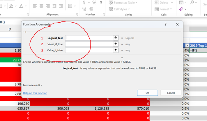 Function Agreements Dialog box focusing on Logical Text, Value if True, and Value if False fields.