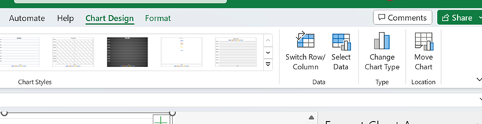 The Chart Design ribbon selected showing "Switch Row/Column" in the Data section.