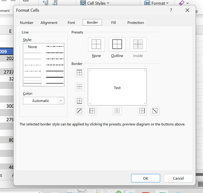 Format Cells Dialog box when looking at the border tab gives multiple options for changing the borders of a cell including solid and dash lines and multiple angles.