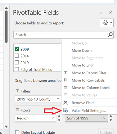 Pivot Tables Fields box allows users to change the value field settings.